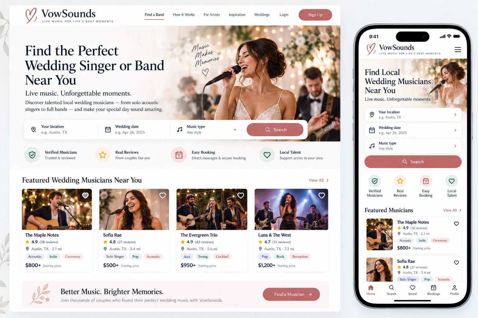 Wedding musicians listing site concept